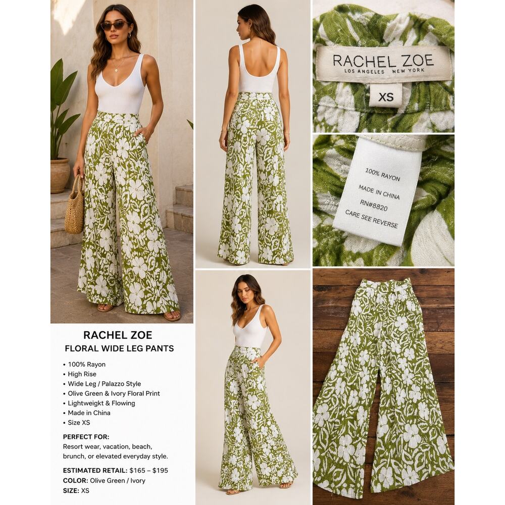 Rachel Zoe Green Floral Wide-leg Pants Size XS Resort Vacation Boho